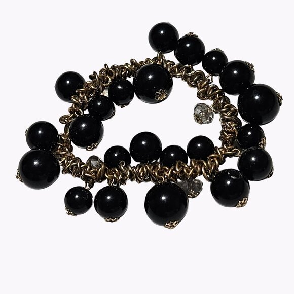 Elegant Black Resin Beaded Gold Tone Cha Cha Bracelet Statement Fashion Jewelry - Picture 3 of 4